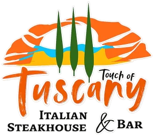 Touch of Tuscany Italian Steakhouse and Bar logo with white outline, featuring Tuscan landscape design, used for dining at The Ropes of Southern Utah in Hurricane Utah near Zion National Park