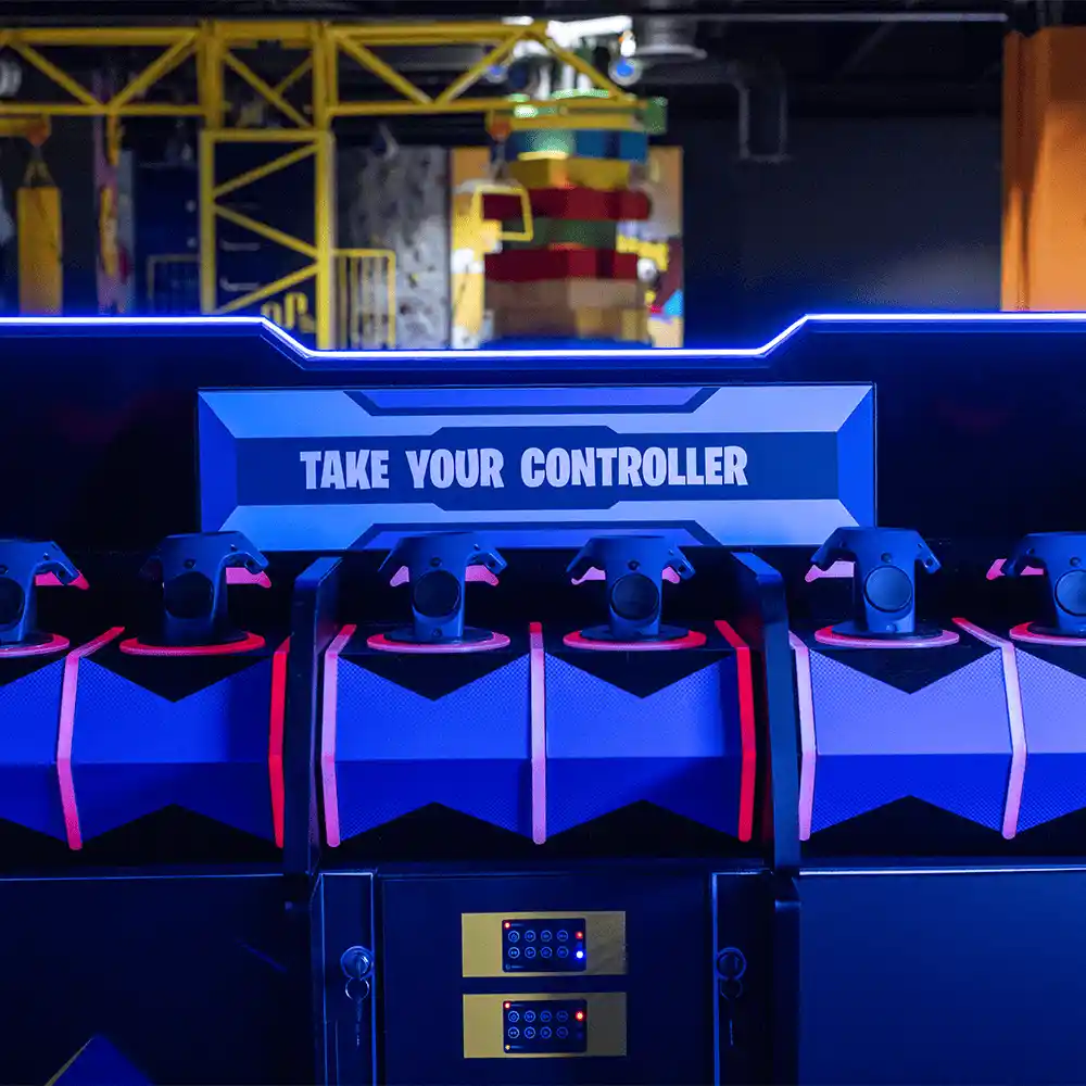 QBIX controller station setup for multiplayer VR experience in Hurricane Utah with interactive game room equipment