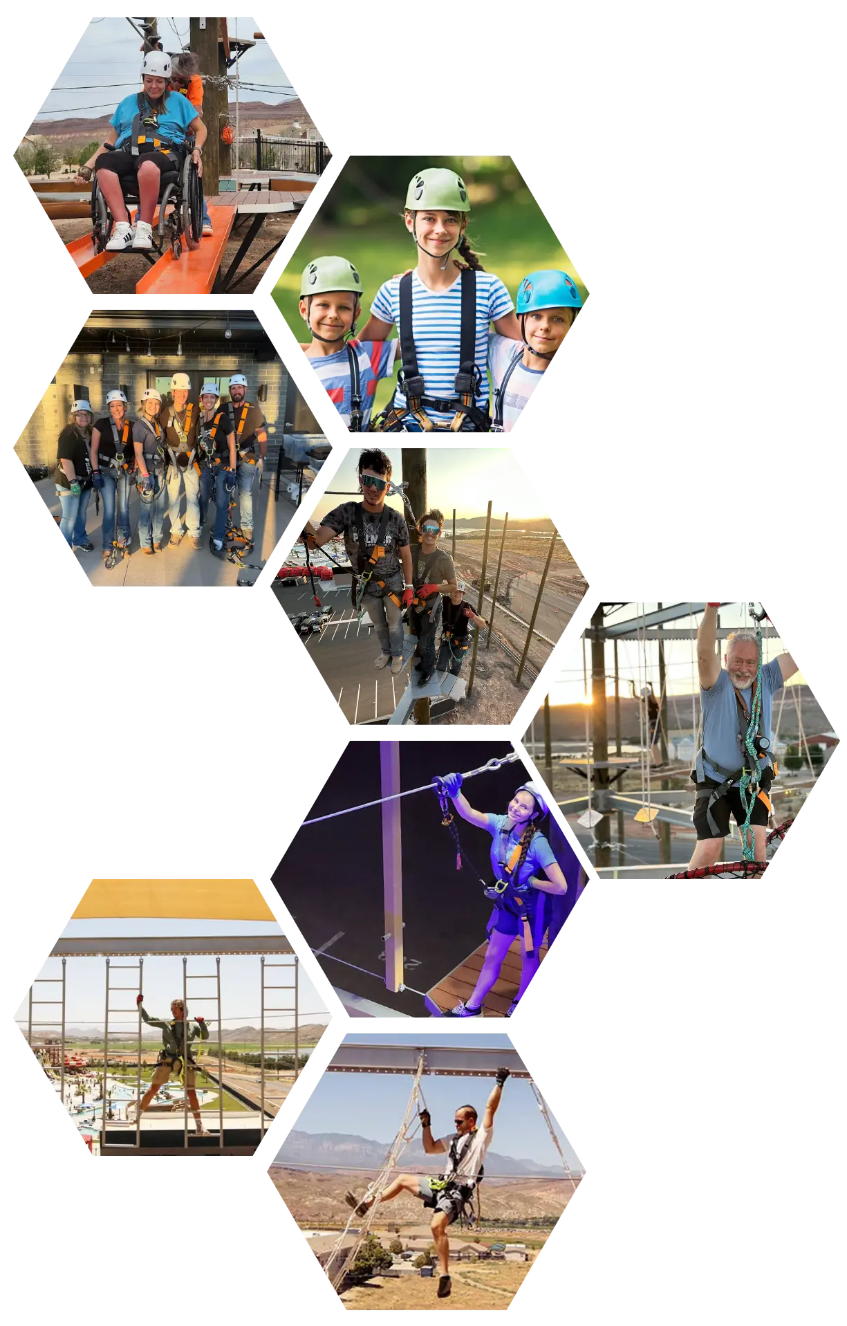 People of all ages and abilities enjoying a ropes course including families, groups, and adaptive participants in a high ropes adventure experience